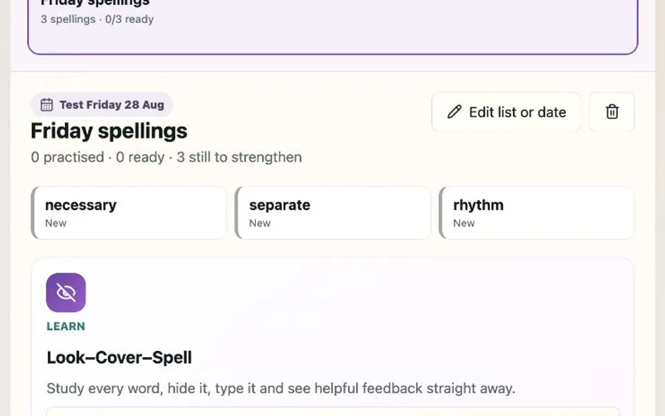 Spelling Lab mode choices for the saved school list.