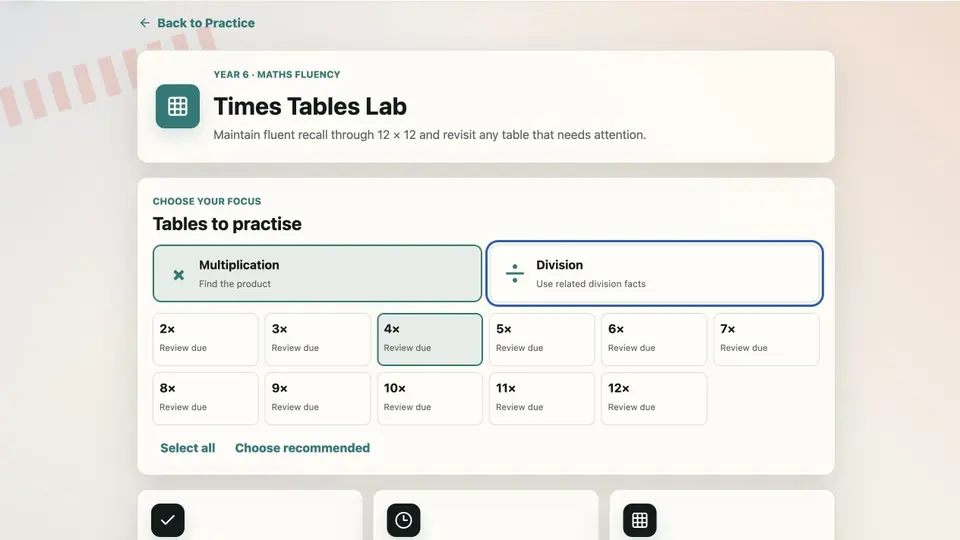 Times Tables Lab operation and table choices, with multiplication selected and division available.