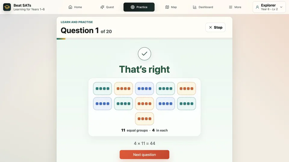 Eleven groups of four shown as coloured counters, with 4 × 11 = 44 and a correct-answer message.